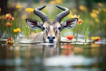 waterbuck soaked in water amongst lilies - obrazy, fototapety, plakaty