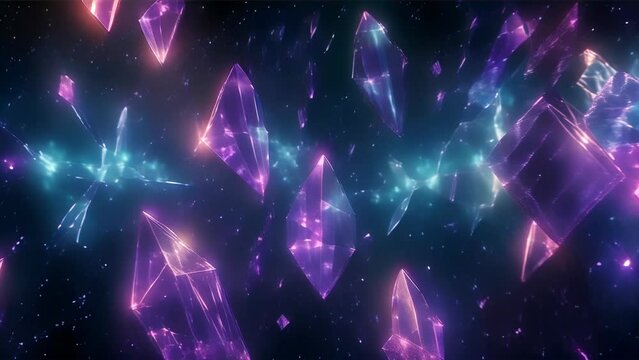 Crystals of various colors floating in a digital space, blending into a cosmic background with their radiance.
