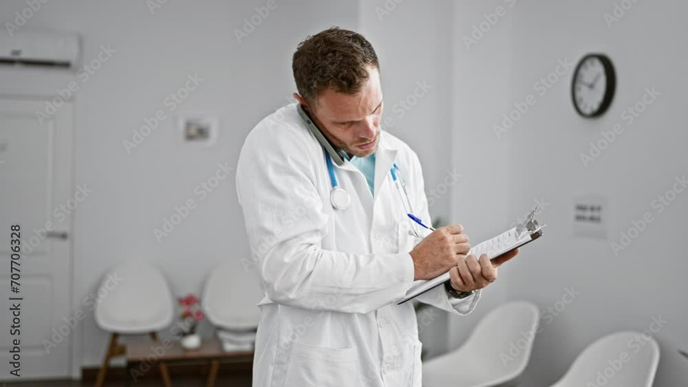 Poster A concentrated male doctor multitasking in a hospital room, speaking on a phone as he writes on a clipboard.