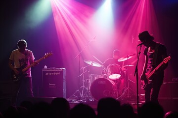 Band performing on stage at music concert. 