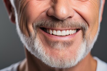 Fototapeta premium Close-up of smiling senior man with healthy teeth on grey background