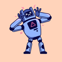 Dead cyborg with program bug. Broken robot with warning alarm symbol. Maintenance support service bot. Critical mistake, online connection error, server problems. Flat isolated vector illustration