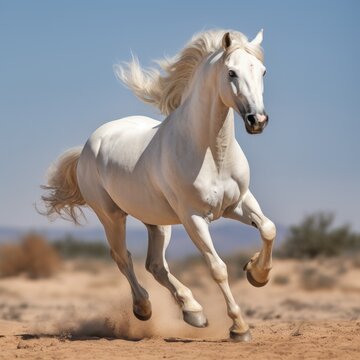 white horse stallion runs gallop © Asman