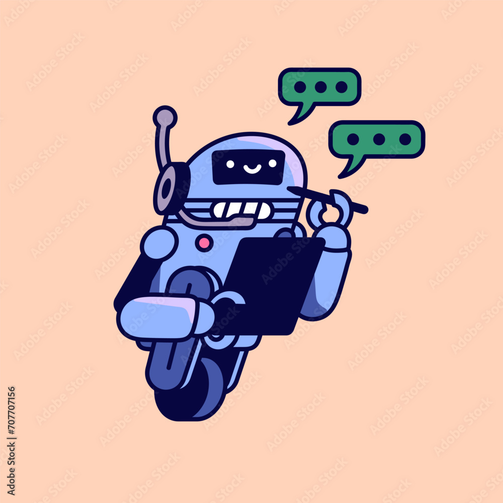 Poster chatbot assistant. happy robot with tablet take notes. conversation with ai in chat bot. virtual hel