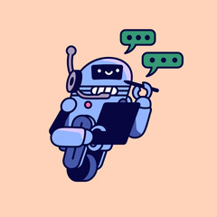 Chatbot assistant. Happy robot with tablet take notes. Conversation with AI in chat bot. Virtual helper writing answer questions in messenger. Online communication. Flat isolated vector illustration