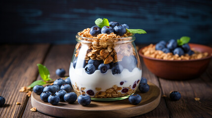 Jar of blueberry yogurt with granola