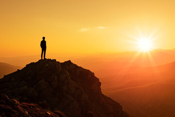 Contemplative Man at the Summit: A Tranquil Sunset View from the Mountain Top