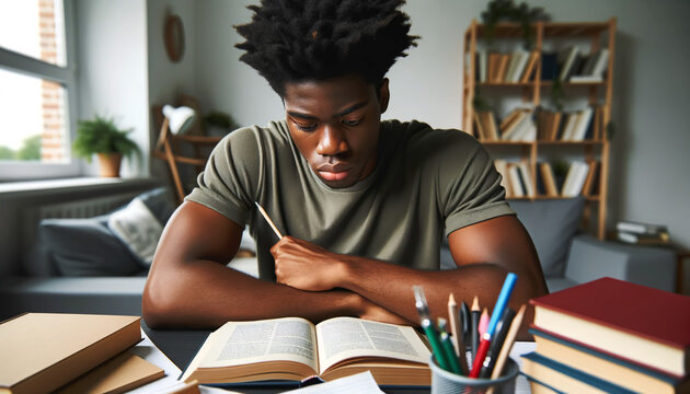 Joven Estudiante Afroamericano Concentrado en su Estudio, la Lectura y Preparaci&oacute;n de Ex&aacute;menes en el Escritorio de su Habitaci&oacute;n con Libros, Apuntes y Deberes de Universidad