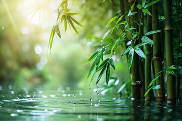 Green Bamboo Plant on Transparent Fresh Raindrop Water Surface: Beautiful Spa Background Wallpaper Decoration with Asian Spirit for Cosmetic, Travel, Relaxation Created with generative AI tools