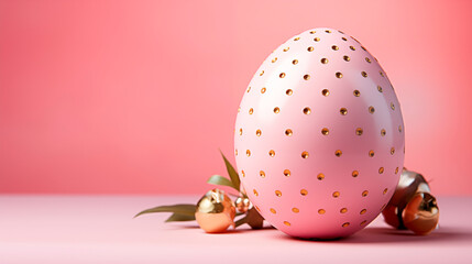 large pink decorative egg decorated with sequins on pink background. Easter concept.