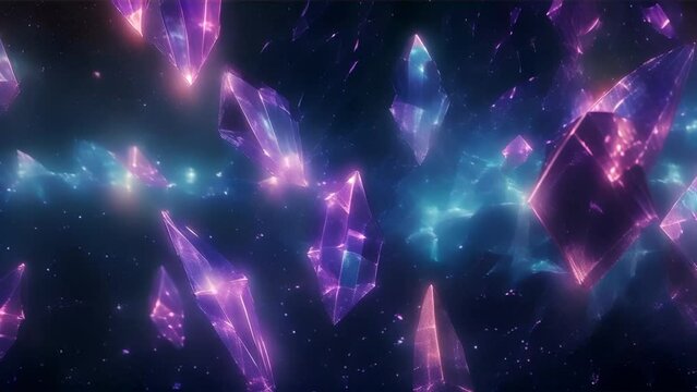Crystals of various colors floating in a digital space, blending into a cosmic background with their radiance.

