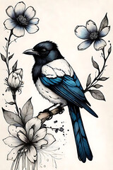 Enchanting Black and White Illustration: Magpie, Flowers, and Whimsical Textures in Alcohol Ink on Textured Paper by MSchiffer