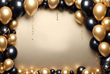 Fototapeta na wymiar gold and black metallic color balloons frame border decoration with golden background and copy space