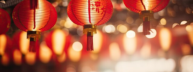 Red lanterns chinese new year decoration celebratiion. china town  - obrazy, fototapety, plakaty