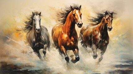 Modern painting with horses in colorful abstract style. Artistic expression of equine beauty and motion.