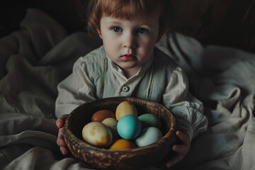 Little boy with Easter eggs in bowl, holiday background. 