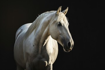 A majestic white horse standing in a studio setting, with a dramatic black background and soft lighting.