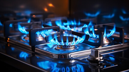 Kitchen gas stove burner with blue flame transparency - obrazy, fototapety, plakaty