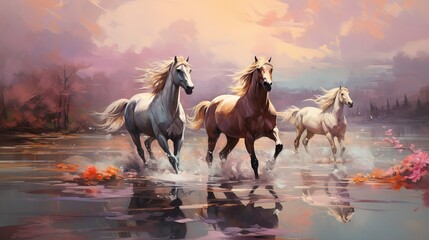 Modern painting with horses in colorful abstract style. Artistic expression of equine beauty and motion. - obrazy, fototapety, plakaty