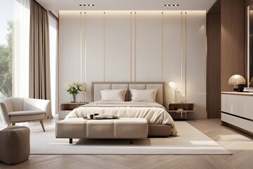 Modern bedroom with a bed, nightstands, armchair, and dresser. The room has a neutral color scheme and wood accents.