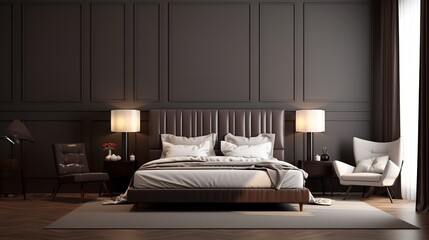 a modern and elegant bedroom with a cozy atmosphere. The room has a dark gray wall and a wooden floor.