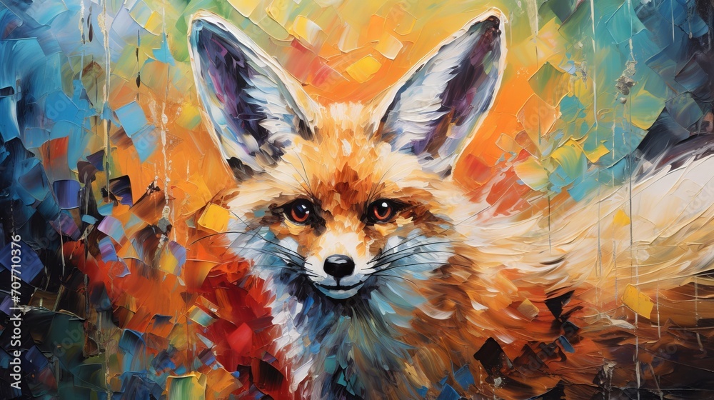 Wall mural oil fox portrait painting in multicolored tones with fennec muzzle and palette knife texture - Wall murals