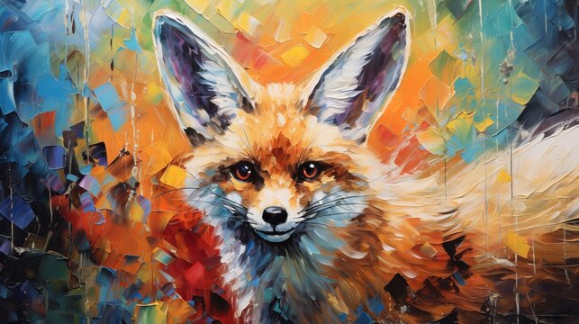Oil fox portrait painting in multicolored tones with fennec muzzle and palette knife texture
