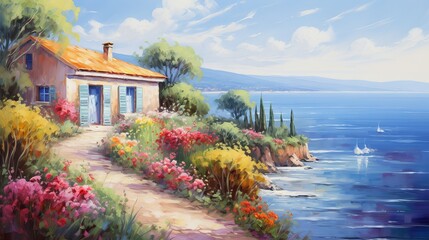 Oil painting of a cozy house near the blue sea, surrounded by colorful flowers and green trees, summer seascape with clouds and sun - Powered by Adobe