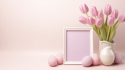 bouquet of tulips in vase,picture frame, eggs,