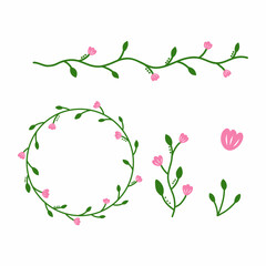 collection of floral elements, frames and ornaments for design of postcard. Vector illustration in hand drawn style.