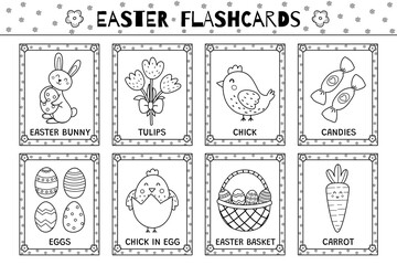 Easter black and white flashcards collection for kids. Flash cards set with cute spring characters for coloring in outline. Learning to read activity for children. Vector illustration