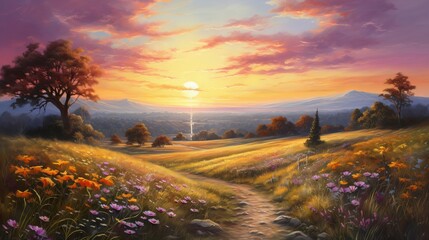 Oil painting of a field with sun rays and dew drops in a morning landscape