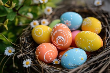 Fototapeta na wymiar Colorful Easter Eggs in a Decorated Nest 