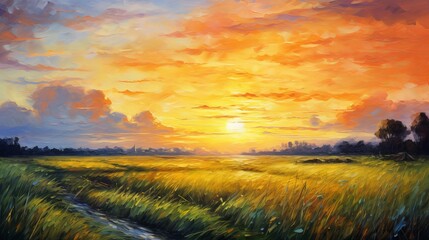 Oil painting of a field with sun rays and dew drops in a morning landscape