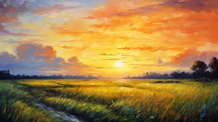Foto op Canvas Oil painting of a field with sun rays and dew drops in a morning landscape © Ameer