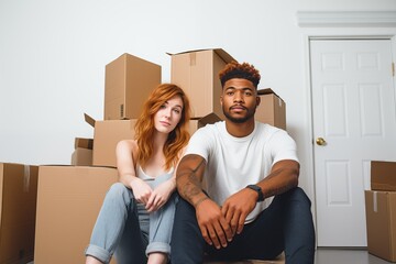 Young multiracial couple, Caucasian woman with red hair and African American man, resting on the floor of their home after packing their belongings into cardboard boxes for a house move