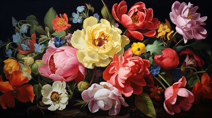 Oil painting of colorful flowers on a dark background