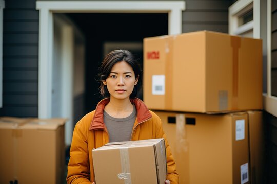Asian woman in an orange coat carries a cardboard box during a move