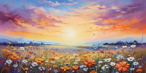 Foto op Canvas Oil painting flowers dandelion, cornflower, daisy in fields: a photo of a sunset meadow landscape with wildflower, hill and sky in orange and blue color background © Ameer