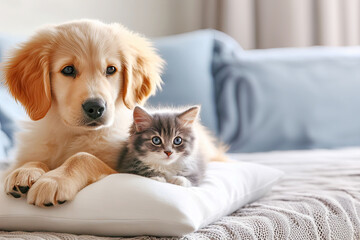 Adorable puppy and kitten lying together in a loving embrace, in a bright room