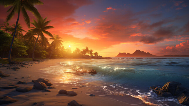 Landscape of paradise tropical island beach sunrise © Salman