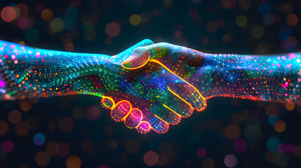 Glowing handshake. Technology, business concept