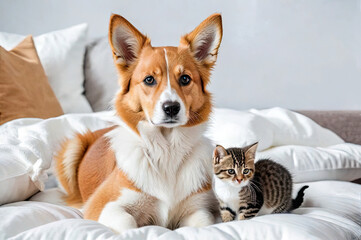 Cat and dog together on the bed, mutual understanding concept