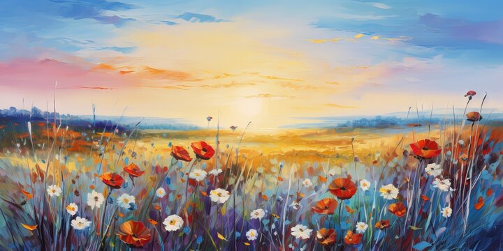 Oil painting flowers dandelion, cornflower, daisy in fields: a photo of a sunset meadow landscape with wildflower, hill and sky in orange and blue color background