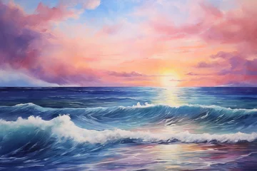 Schilderijen op glas Oil painting of the sea, multicolored sunset on the horizon, watercolor: a photo of a vibrant and artistic ocean view © Ameer