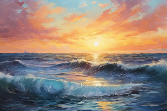 Oil painting of the sea, multicolored sunset on the horizon, watercolor: a photo of a vibrant and artistic ocean view