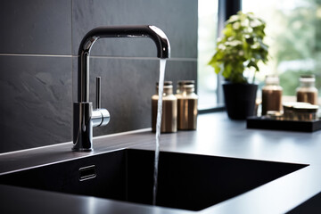 Water jet from modern kitchen mixer tap