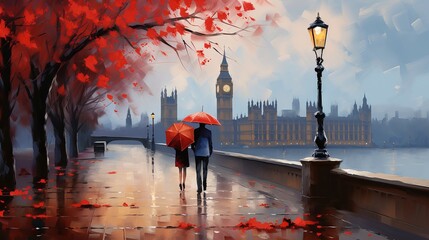Oil painting of a london street scene with big ben, a couple under a red umbrella, a tree, a bridge, and a river - obrazy, fototapety, plakaty