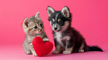 Cute little kitten and puppy playing with red heart on pink background copy space, valentines day concept