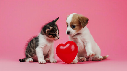 Fototapeta na wymiar Cute little kitten and puppy playing with red heart on pink background copy space, valentines day concept